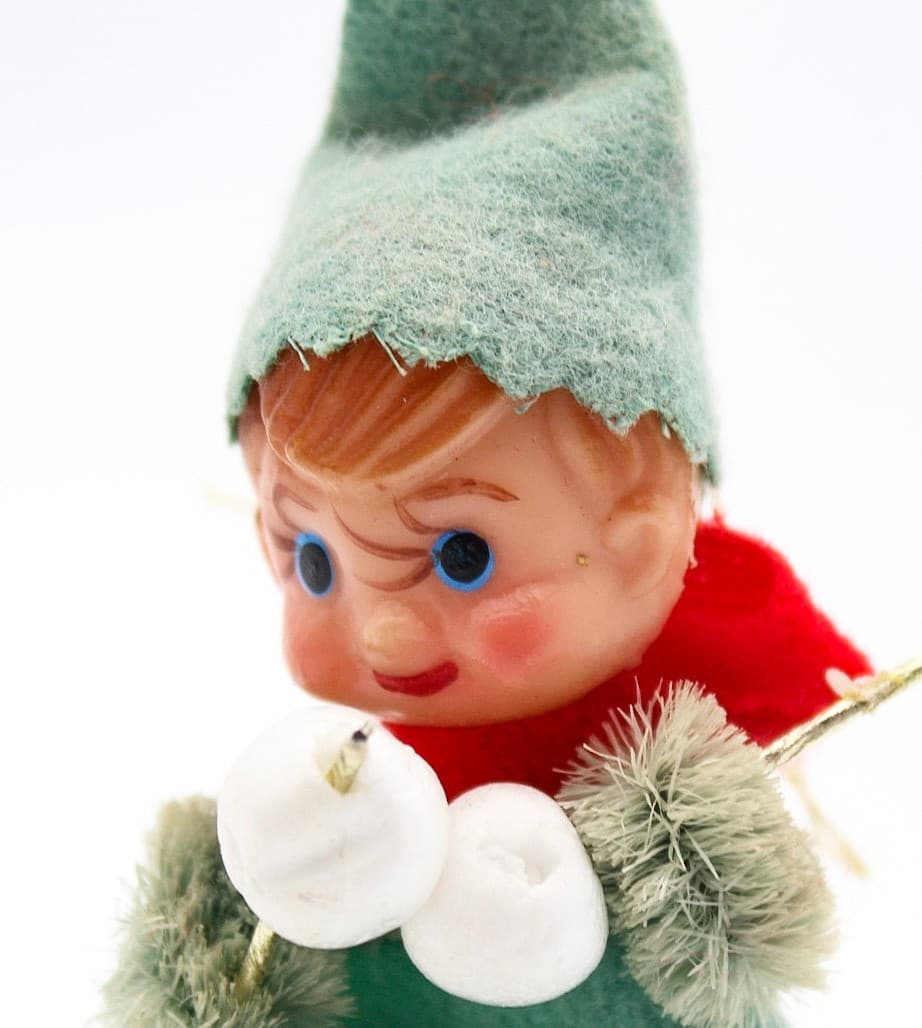 Vintage Japan Pixie Elf Chenille Green Felt Sitting Christmas Drummer Oranment - Thumbnail 7