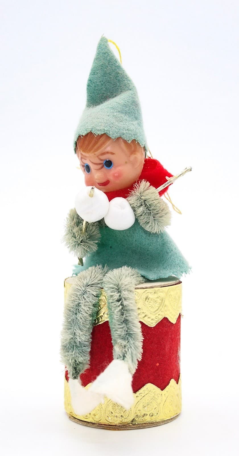 Vintage Japan Pixie Elf Chenille Green Felt Sitting Christmas Drummer Oranment - Thumbnail 9
