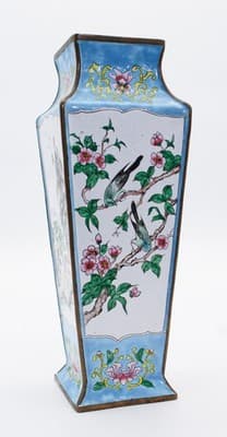 Antique Qing Dynasty Canton Enamel Square Tapering Bronze Vase Scenic &Bird RARE - Thumbnail 5
