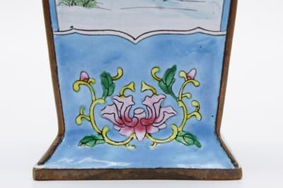 Antique Qing Dynasty Canton Enamel Square Tapering Bronze Vase Scenic &Bird RARE - Thumbnail 8