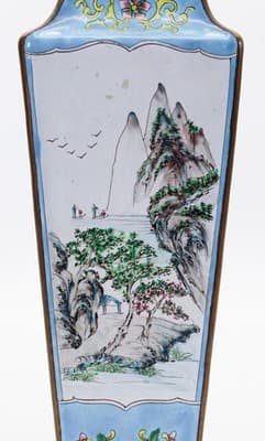 Antique Qing Dynasty Canton Enamel Square Tapering Bronze Vase Scenic &Bird RARE - Thumbnail 6