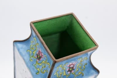Antique Qing Dynasty Canton Enamel Square Tapering Bronze Vase Scenic &Bird RARE - Thumbnail 14