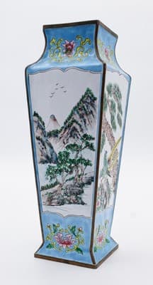 Antique Qing Dynasty Canton Enamel Square Tapering Bronze Vase Scenic &Bird RARE - Thumbnail 2