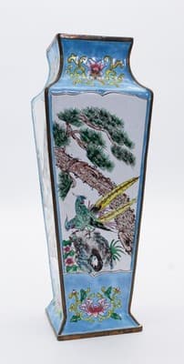 Antique Qing Dynasty Canton Enamel Square Tapering Bronze Vase Scenic &Bird RARE - Thumbnail 16