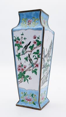 Antique Qing Dynasty Canton Enamel Square Tapering Bronze Vase Scenic &Bird RARE - Thumbnail 3