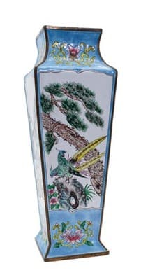 Antique Qing Dynasty Canton Enamel Square Tapering Bronze Vase Scenic &Bird RARE - Image 1