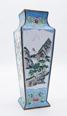 Antique Qing Dynasty Canton Enamel Square Tapering Bronze Vase Scenic &Bird RARE - Thumbnail 4