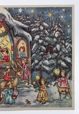 Vtg German Winter Festive Children & Animals Paper Christmas Advent Calendar - Thumbnail 2