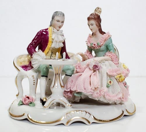 Antique Germany Dresden Hand Painted Couple Playing Chess Lace Porcelain Figure - Thumbnail 2