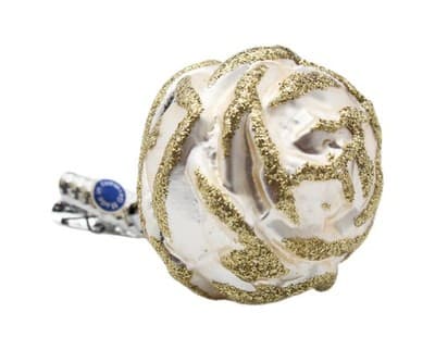 Vintage Germany White Rose Flower Gold Glitter Glass Clip-On Christmas Ornament - Image 1