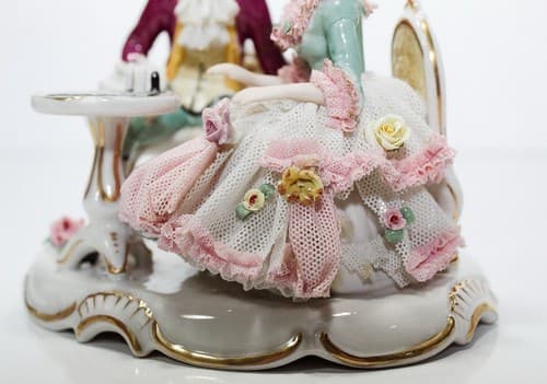 Antique Germany Dresden Hand Painted Couple Playing Chess Lace Porcelain Figure - Thumbnail 4