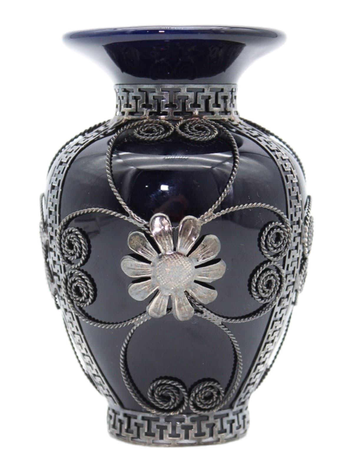 Vintage Cobalt Blue With Ornate Floral Filigree Decor Small Porcelain Bud Vase - Image 1