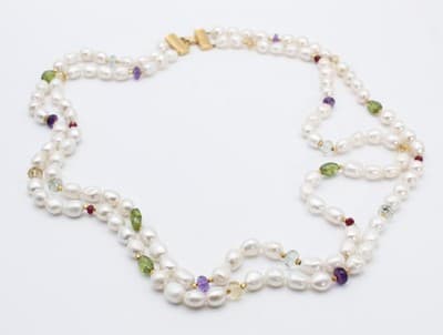 Designer JADED Natural Pearls & Assorted Gemstones Double Strand Necklace - Thumbnail 12