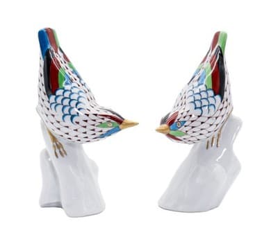 2 HOLLOHAZA Hungary Fishnet Porcelain Bird On Branch Hand Painted Figurines - Image 1