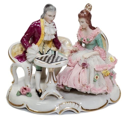 Antique Germany Dresden Hand Painted Couple Playing Chess Lace Porcelain Figure - Image 1