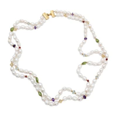 Designer JADED Natural Pearls & Assorted Gemstones Double Strand Necklace - Image 1