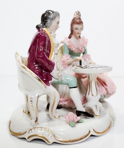 Antique Germany Dresden Hand Painted Couple Playing Chess Lace Porcelain Figure - Thumbnail 6