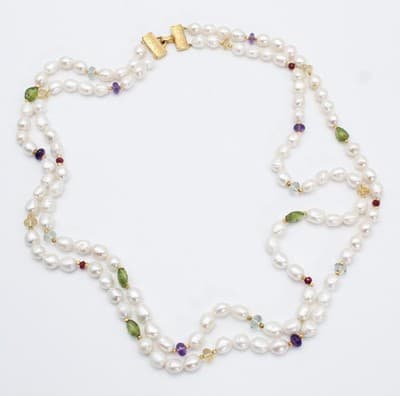 Designer JADED Natural Pearls & Assorted Gemstones Double Strand Necklace - Thumbnail 11