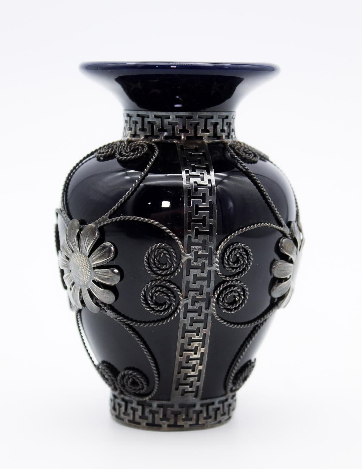 Vintage Cobalt Blue With Ornate Floral Filigree Decor Small Porcelain Bud Vase - Thumbnail 5