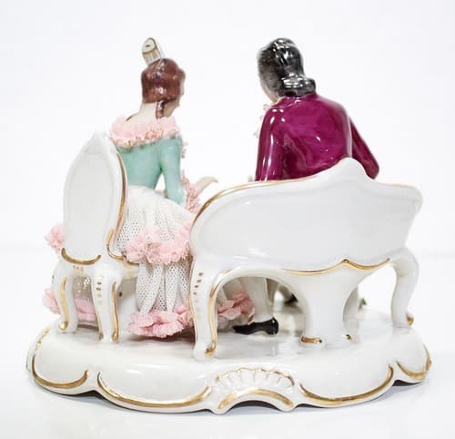 Antique Germany Dresden Hand Painted Couple Playing Chess Lace Porcelain Figure - Thumbnail 7