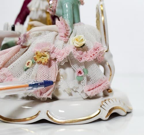 Antique Germany Dresden Hand Painted Couple Playing Chess Lace Porcelain Figure - Thumbnail 5