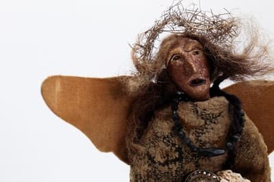 Old Artisan Textile Paper Mache Face Doll Angel Leather Wings & Halo OOAK - Thumbnail 4