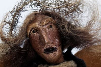 Old Artisan Textile Paper Mache Face Doll Angel Leather Wings & Halo OOAK - Thumbnail 2