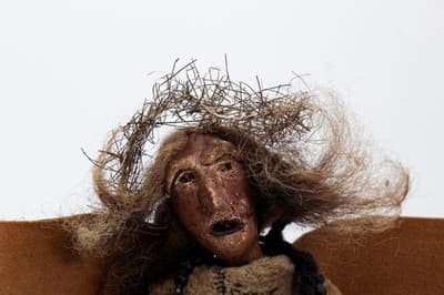 Old Artisan Textile Paper Mache Face Doll Angel Leather Wings & Halo OOAK - Thumbnail 11