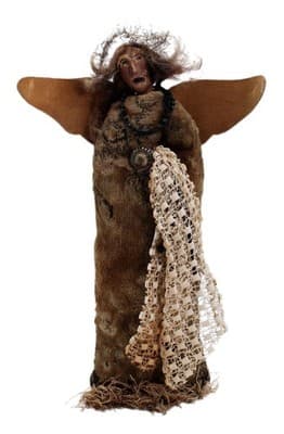 Old Artisan Textile Paper Mache Face Doll Angel Leather Wings & Halo OOAK - Image 1