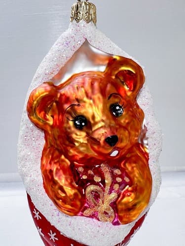 CHRISTOPHER RADKO 1998 "Cozykins" Bear Stocking Christmas Glass Ornament - Thumbnail 2