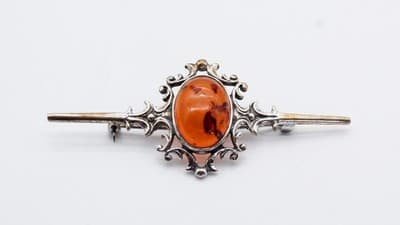 Vintage Sterling 925 Silver Natural Baltic Amber Antique Style Pin Brooch - Thumbnail 6