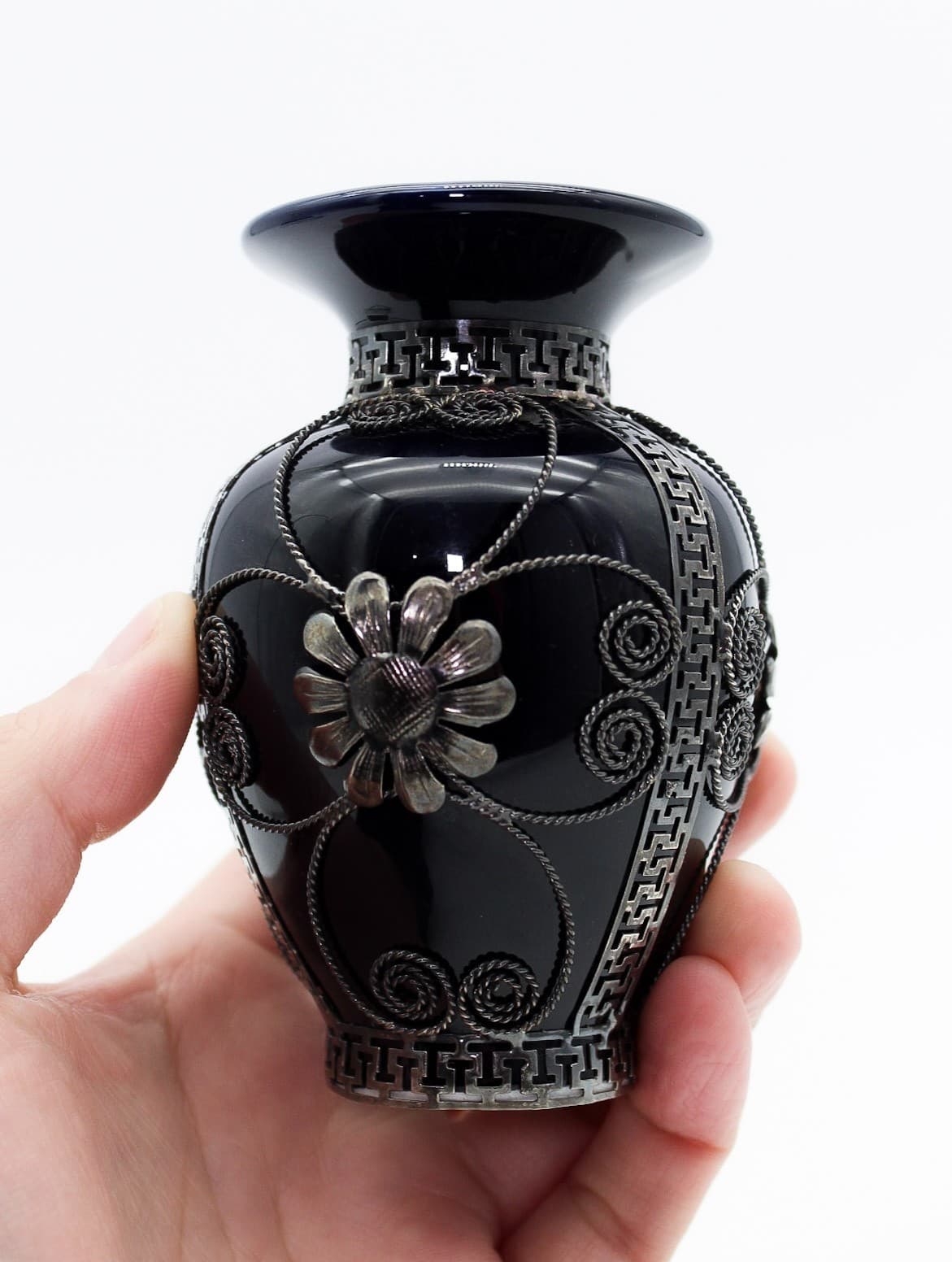 Vintage Cobalt Blue With Ornate Floral Filigree Decor Small Porcelain Bud Vase - Thumbnail 2