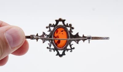 Vintage Sterling 925 Silver Natural Baltic Amber Antique Style Pin Brooch - Thumbnail 3