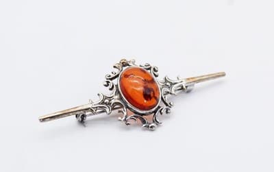 Vintage Sterling 925 Silver Natural Baltic Amber Antique Style Pin Brooch - Thumbnail 2