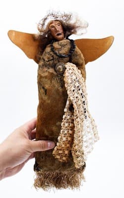 Old Artisan Textile Paper Mache Face Doll Angel Leather Wings & Halo OOAK - Thumbnail 5