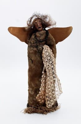 Old Artisan Textile Paper Mache Face Doll Angel Leather Wings & Halo OOAK - Thumbnail 12