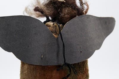 Old Artisan Textile Paper Mache Face Doll Angel Leather Wings & Halo OOAK - Thumbnail 9