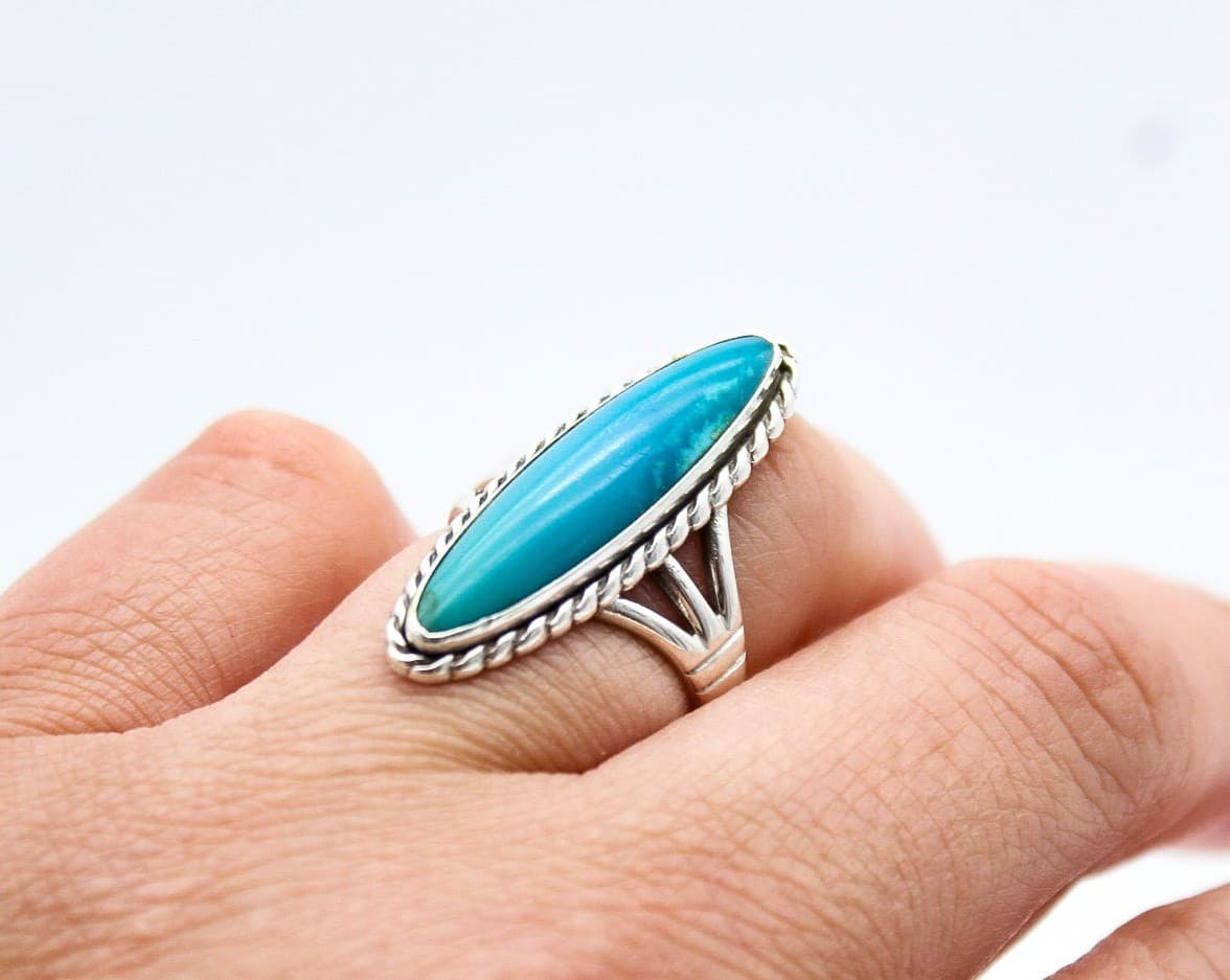 Fred Harvey Vintage Sterling Silver Native American Turquoise Ring Size 7.5 - Thumbnail 2
