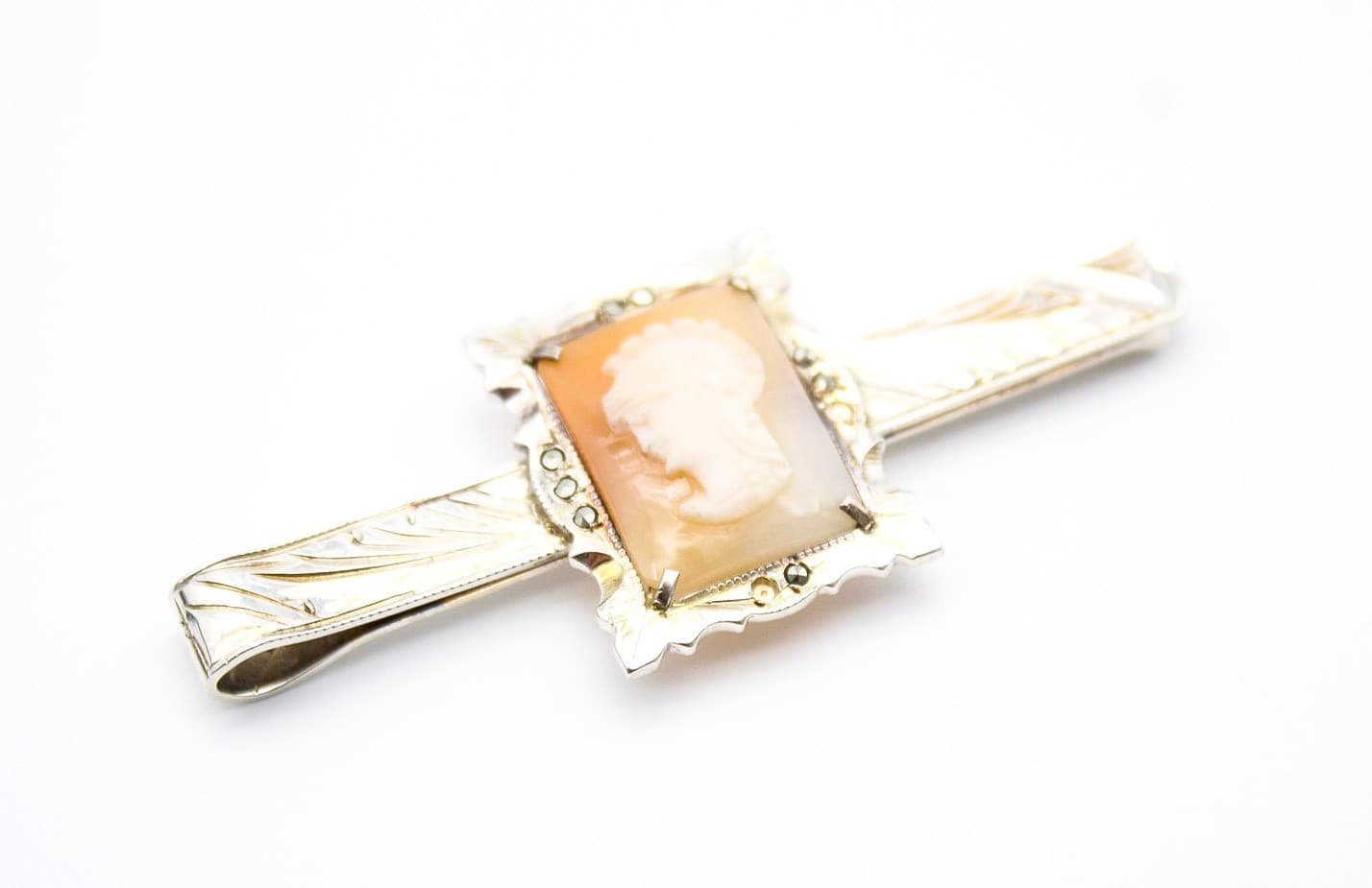 Vintage 800 European Silver Cameo Shell Soldier Etched Marcasite Tie Bar Clip - Thumbnail 7
