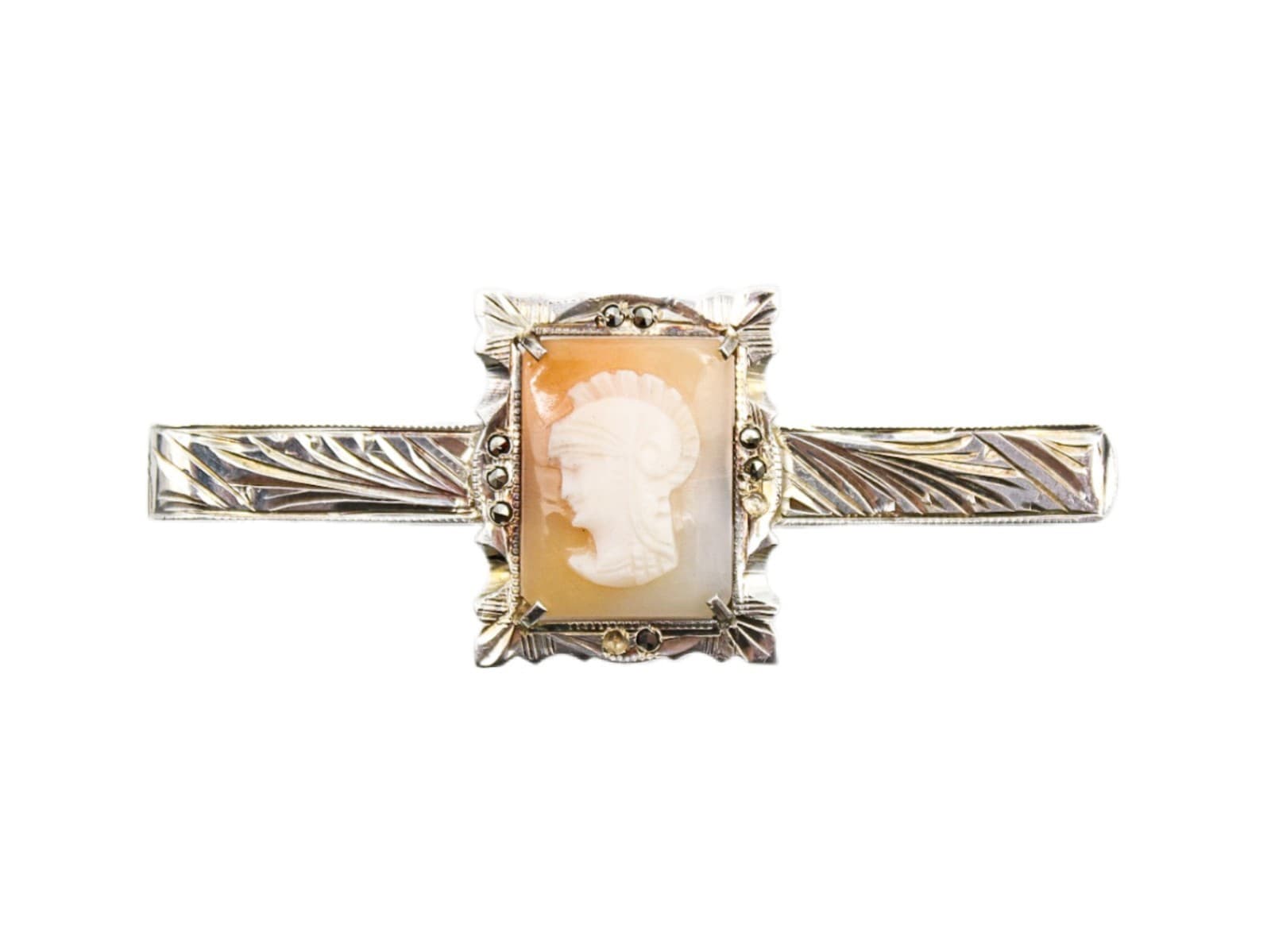 Vintage 800 European Silver Cameo Shell Soldier Etched Marcasite Tie Bar Clip - Image 1