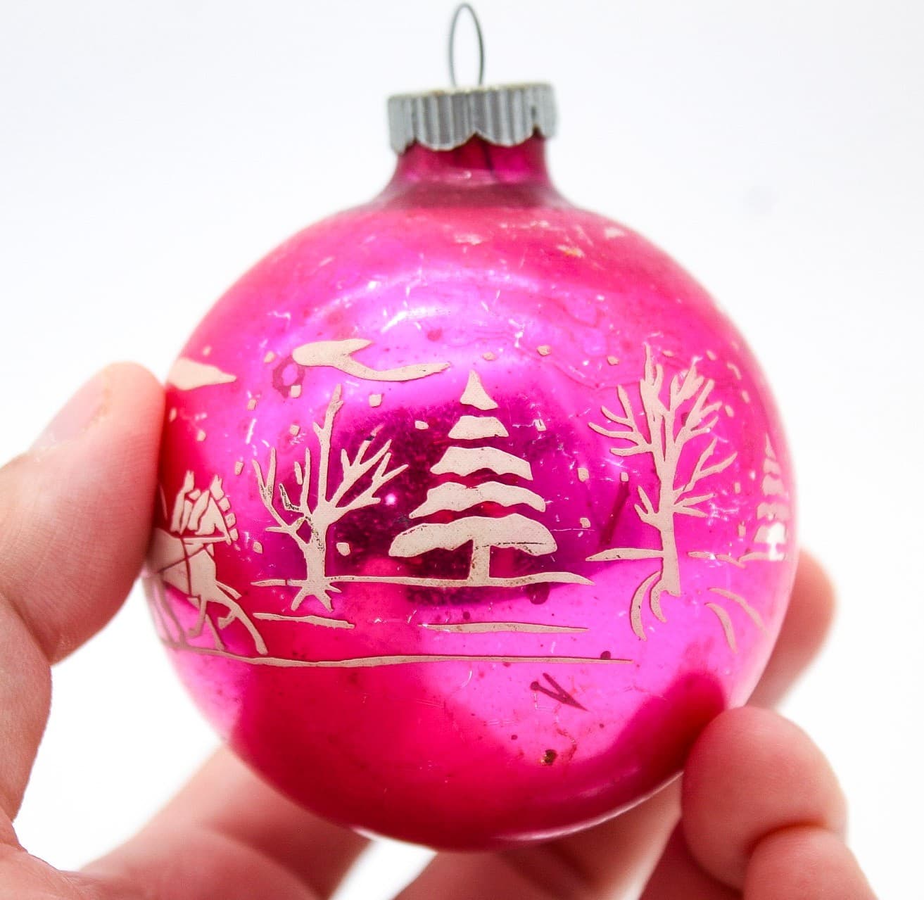 Shiny Brite Hot Pink Vintage Stencil Horse Carriage Glass Christmas Ornament - Thumbnail 6