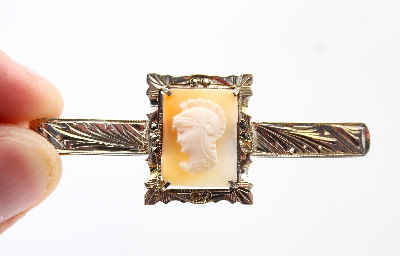 Vintage 800 European Silver Cameo Shell Soldier Etched Marcasite Tie Bar Clip - Thumbnail 6