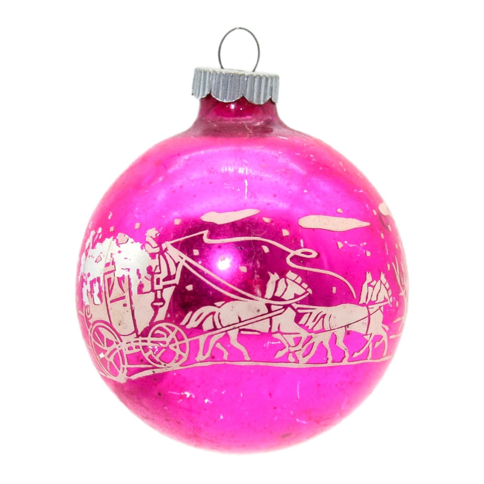 Shiny Brite Hot Pink Vintage Stencil Horse Carriage Glass Christmas Ornament - Image 1