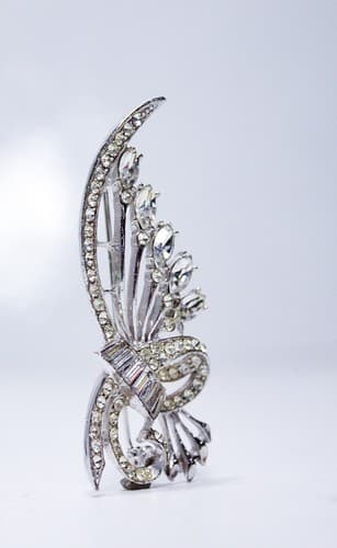 Vintage Floral Motif Rhinestone Navette/Rectangular/Round Cut Pin Brooch - Thumbnail 5