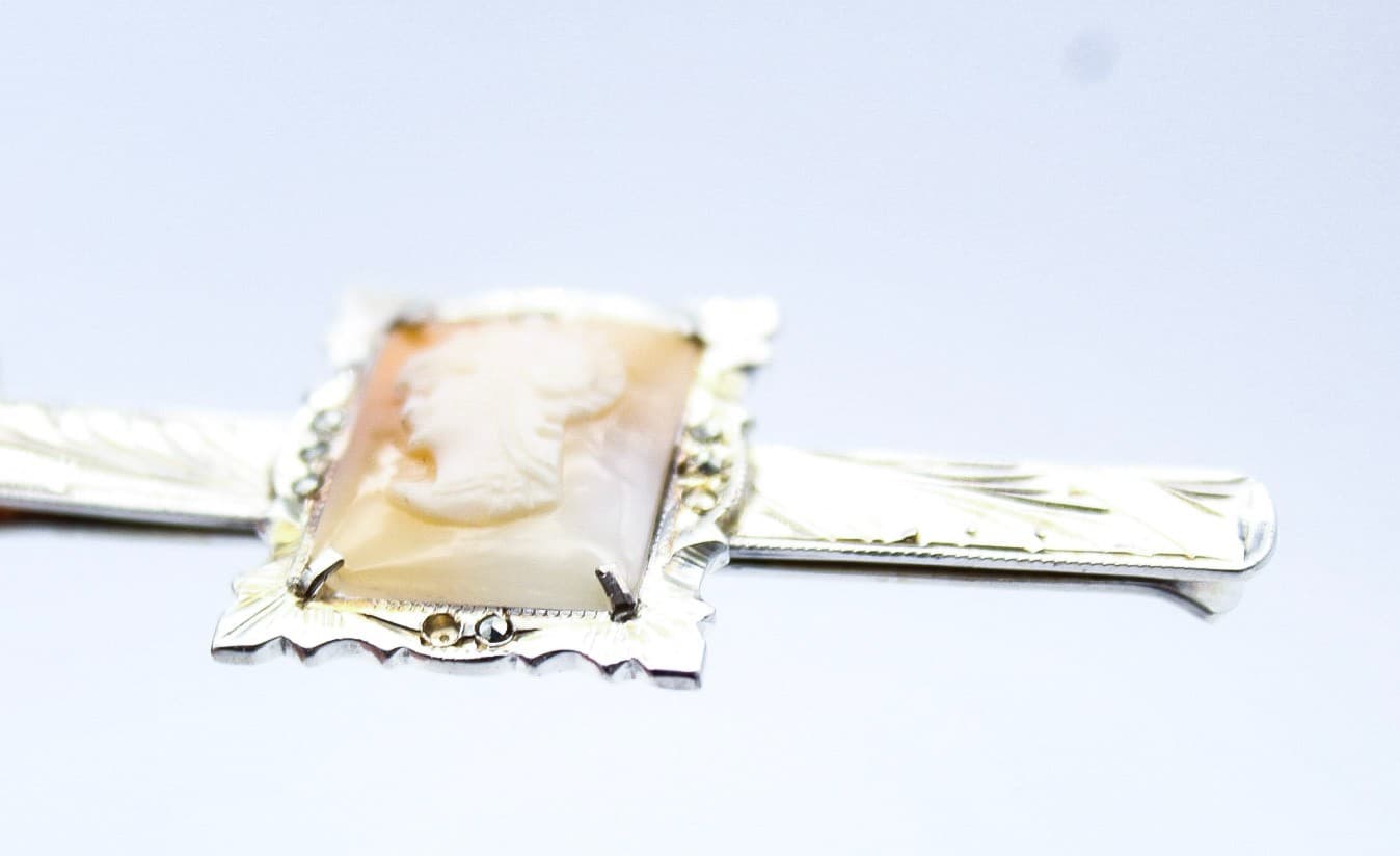 Vintage 800 European Silver Cameo Shell Soldier Etched Marcasite Tie Bar Clip - Thumbnail 5