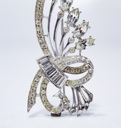 Vintage Floral Motif Rhinestone Navette/Rectangular/Round Cut Pin Brooch - Thumbnail 4