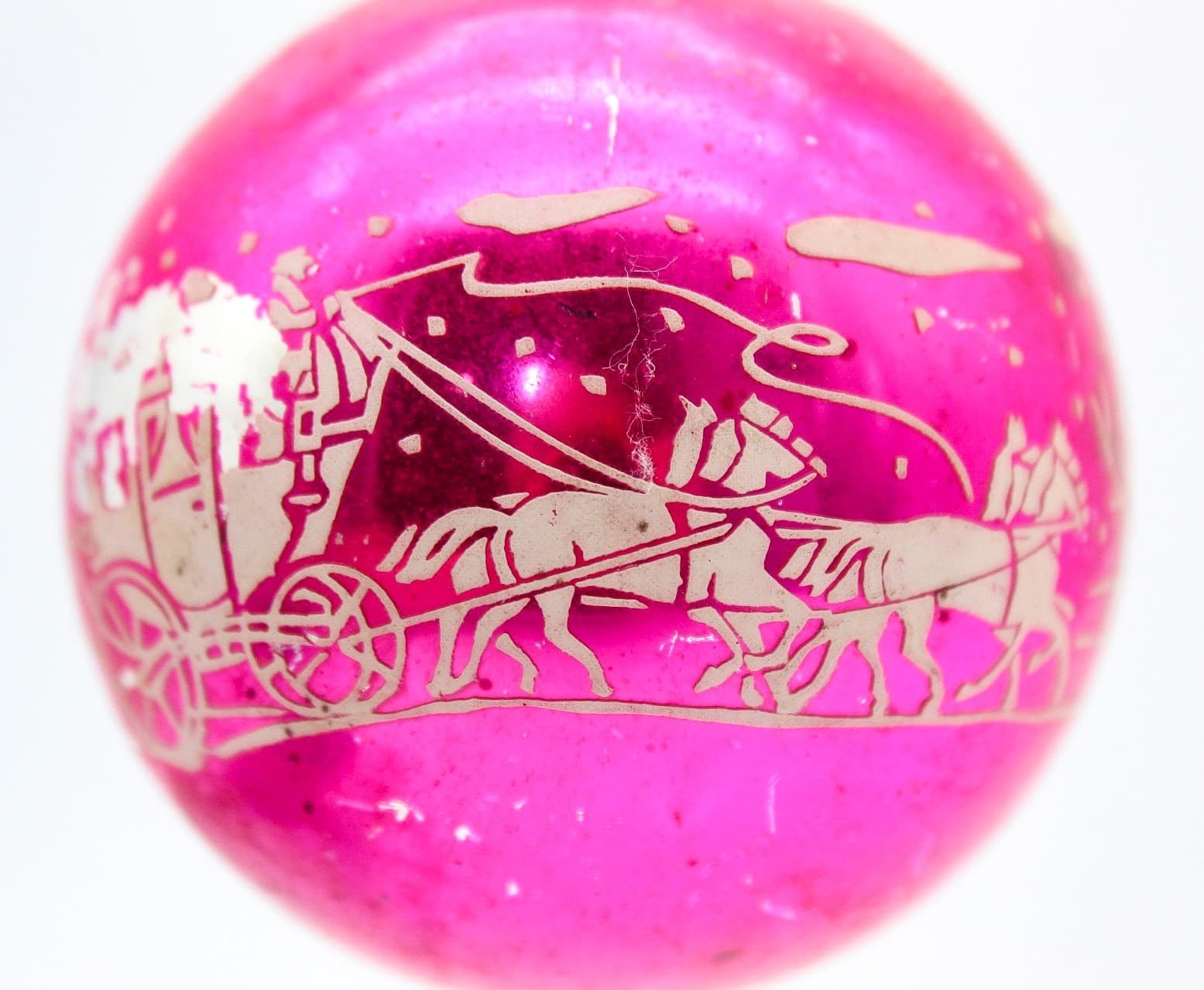 Shiny Brite Hot Pink Vintage Stencil Horse Carriage Glass Christmas Ornament - Thumbnail 7