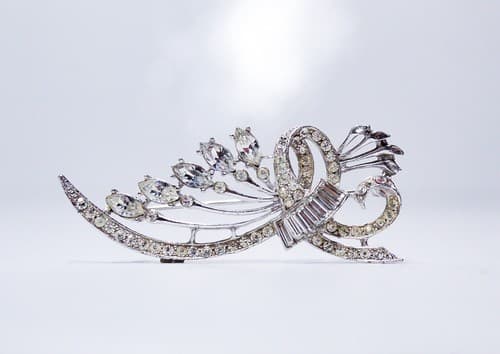 Vintage Floral Motif Rhinestone Navette/Rectangular/Round Cut Pin Brooch - Thumbnail 2