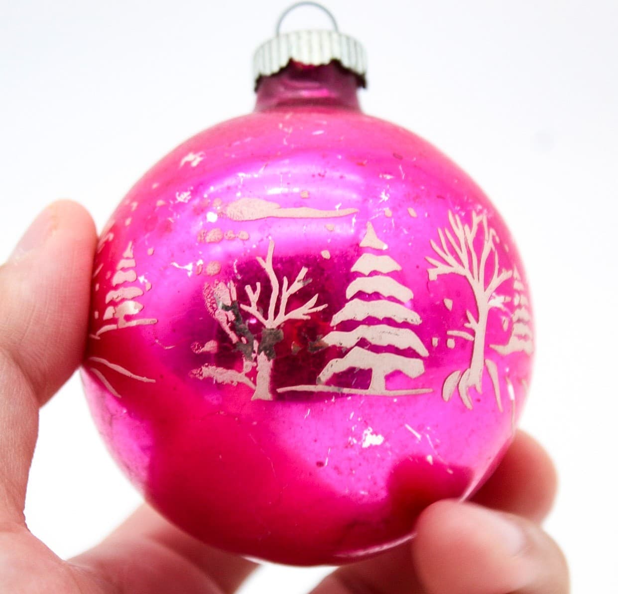 Shiny Brite Hot Pink Vintage Stencil Horse Carriage Glass Christmas Ornament - Thumbnail 5