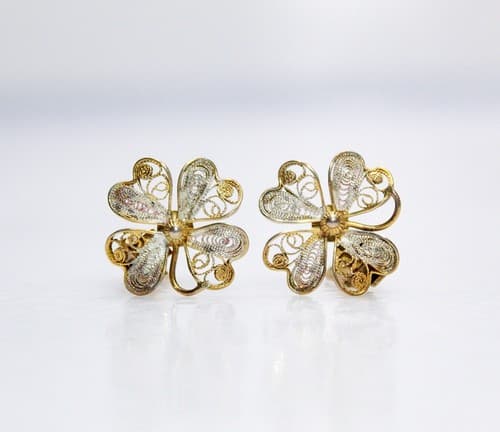 Vintage 800 European Silver Two Tone Filigree Floral Motif Clip-On Earrings - Thumbnail 5